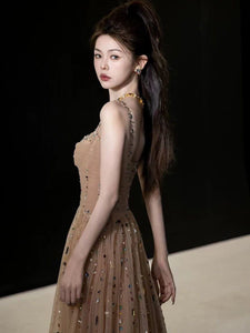 Champagne Evening Dress for Women Lightweight Luxury Slim Fit Party & Celebrity Style Long Dress