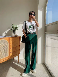 High-Waist Casual Green Pants