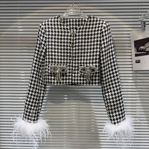 Chanel-Inspired Quilted Tweed Jacket with Fur Sleeves and Bow