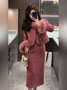 French Retro Plus-Size Wool Coat Two-Piece Suit