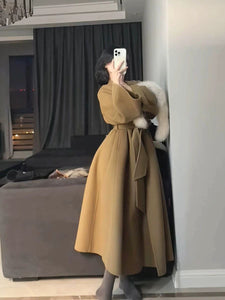 French Style Mid-Length Wool Coat Winter New High-Quality Drawstring Waist Tight Coat