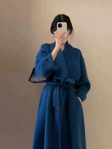 Hong Kong Style Winter Coat Vintage Round Neck Blue Loose Long Coat