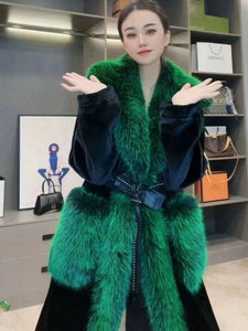 Mid-Length Faux Fox Fur Coat with Turtleneck