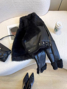 Short Black Fur Biker Jacket