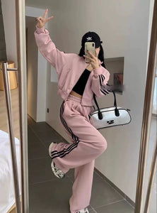 Casual modern women’s set, stand collar jacket & wide-leg pants