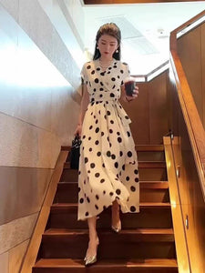 French social goddess-style polka dot summer maxi dress