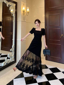 New French square-neck slim-fit midi summer dress