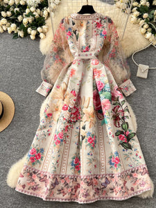European court-style mesh dress with V-neck, lantern sleeves & waist tie