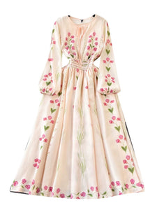 Noble mood French long dress with printed waist & flare