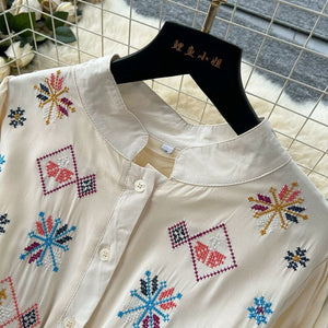 Elegant vintage embroidered French dress with stand collar