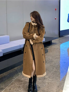 Mid-length faux suede wool coat with thick fleece lining