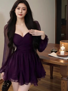Vintage French V-neck lantern sleeve dress