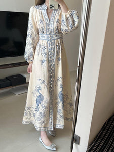 Summer puff-sleeve floral & bird print dress