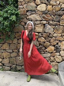 Plus-size red floral V-neck French dress