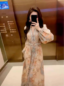 Luxury floral puff-sleeve beach dress