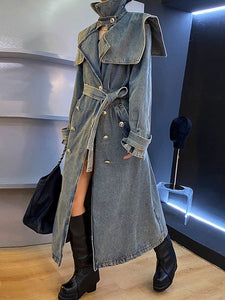 Denim trench coat with waist tie