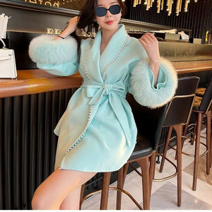 Pearl lace fox fur wool coat