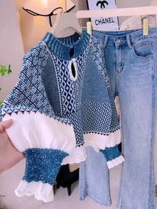 Blue & white jacquard knit sweater