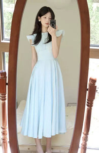 MLYD Luxury Blue Dress – Custom Plus Sizes, Elegant Waist & Flutter Sleeves