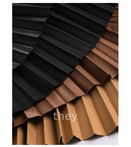 Premium Faux Leather Skirt – Irregular Pleats, Mid-Length Fall Style
