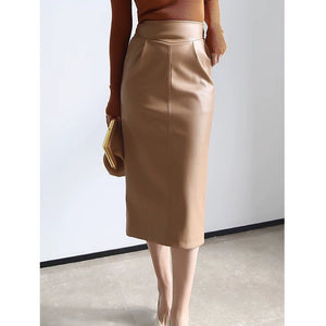 IFASHION High-Waisted Faux Leather Skirt – Slim Fit, Midi Length for Spring & Fall