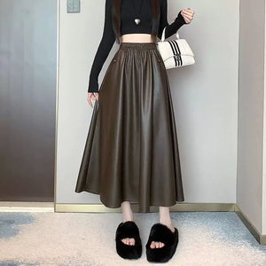 PU Leather Pleated Midi Skirt – High-Waisted A-Line for Fall/Winter