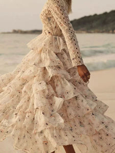 Luxury Australian Embroidered Tiered Dress – Silk-Cotton Blend with Floral Ruffles