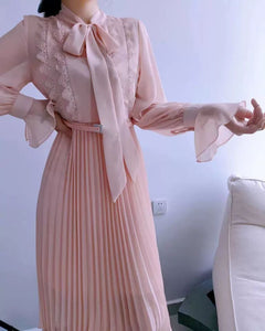 French Chiffon Maxi Dress – Pink Pleated Summer Elegance with Long Sleeves