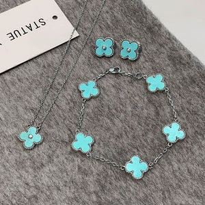 New Light Blue Celadon Necklace & Bracelet – Lucky Clover Design for Women