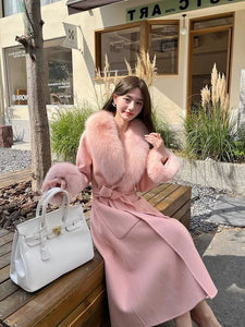 Women’s Mid-Length Wool Coat – Elegant Design with Faux Fox Fur Trim