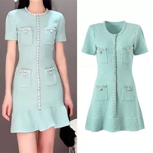 Chanel-Inspired Mini Dress – Mint Green with Heavy Diamond Sequins & Waist Ruffles