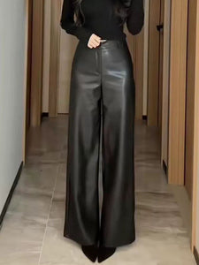 High-Waisted Black PU Leather Pants – Slim Pleated Straight Cut, Summer 2025