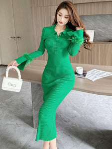 French-Style Knit Dress – Pointed Collar, Fur Sleeves & Wrap Hip Skirt