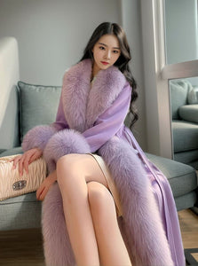 Long Wool Coat with Faux Fox Fur Collar – Slim Fit & Elegant Winter Style