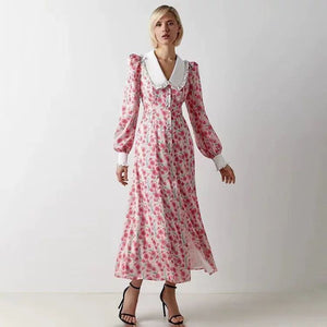 Printed Dress with Doll Collar & Mood-Style Waist – European & American Inspired