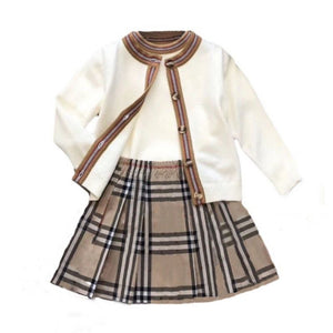 Chanel-Inspired Girls’ 3-Piece Set – Short Sleeve Top, Knit Cardigan & Pleated Skirt