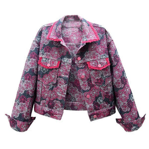 Retro Jacquard Denim Jacket – Women’s Short Loose-Fit with Long Sleeves, Spring 2025