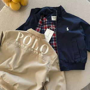Kids’ Embroidered Zip-Up Jacket – Trendy Korean Style for Boys & Girls | Navy & Beige |