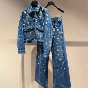 Shenzhen Nanyu Women’s Set – Retro Daisy Beaded Embroidery Denim Jacket + Jeans
