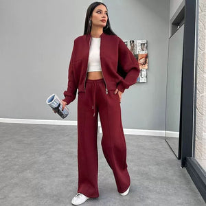 Simple Wool Sweater with Round Neck + Casual Straight Pants Set for Women