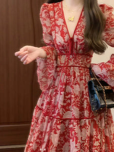 New Ethnic Red Summer Dress V-Neck Bell Sleeves Long Skirt Large Size