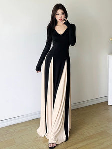 KLIOU French Contrast V-Neck Elegant Dress for Women