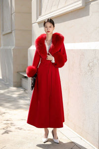 Wool Winter Coat 100% with Fox Fur Collar and Waist – Slim Noble Purple Cashmere