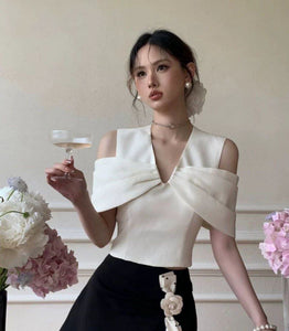 New Summer Blouse by LELART French Design with Contrasting Stitching, V-Neck