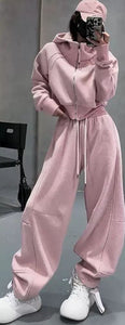 Oversized Casual Wool Set with Hoodie & Wide Pants – 2-Piece Spring/Autumn