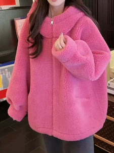Hooded Lamb Wool Jacket Korean French Style Women Winter Fashion 2025