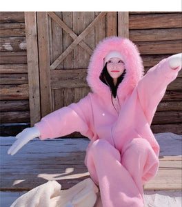 Winter Korean Style Women’s Wool Suits, Two-Piece Set with Thick Fur Collar Jacket and Pants