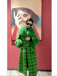 Plaid Long Wool Coat with Faux Fox Fur Collar