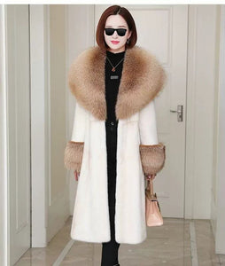 Long Winter Faux Mink Coat with Faux Fox Fur Collar