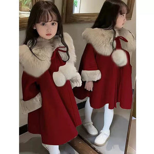 Red Velvet Winter Coat with Cape for Girls